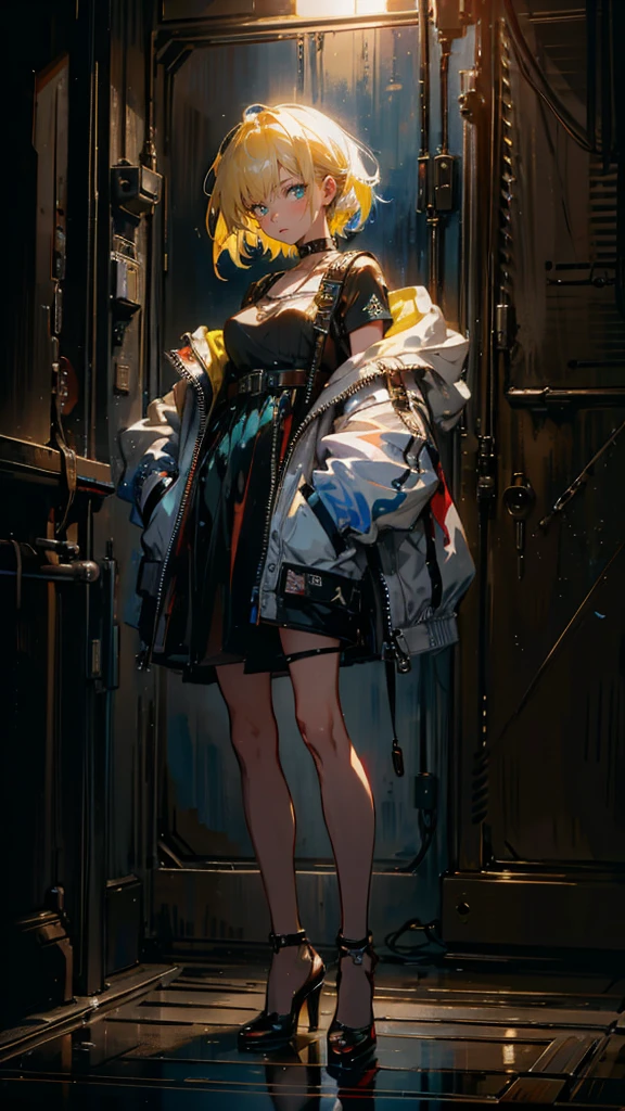 1 girl, short yellow hair, cyberpunk, Alice in Wonderland, black high heels, hand in pocket, best quality, 4k, 8k, highres, masterpiece:1.2, ultra-detailed, realistic, photorealistic, photo-realistic:1.37, HDR, UHD, studio lighting, ultra-fine painting, sharp focus, physically-based rendering, extreme detail description, professional, vivid colors, bokeh, concept art