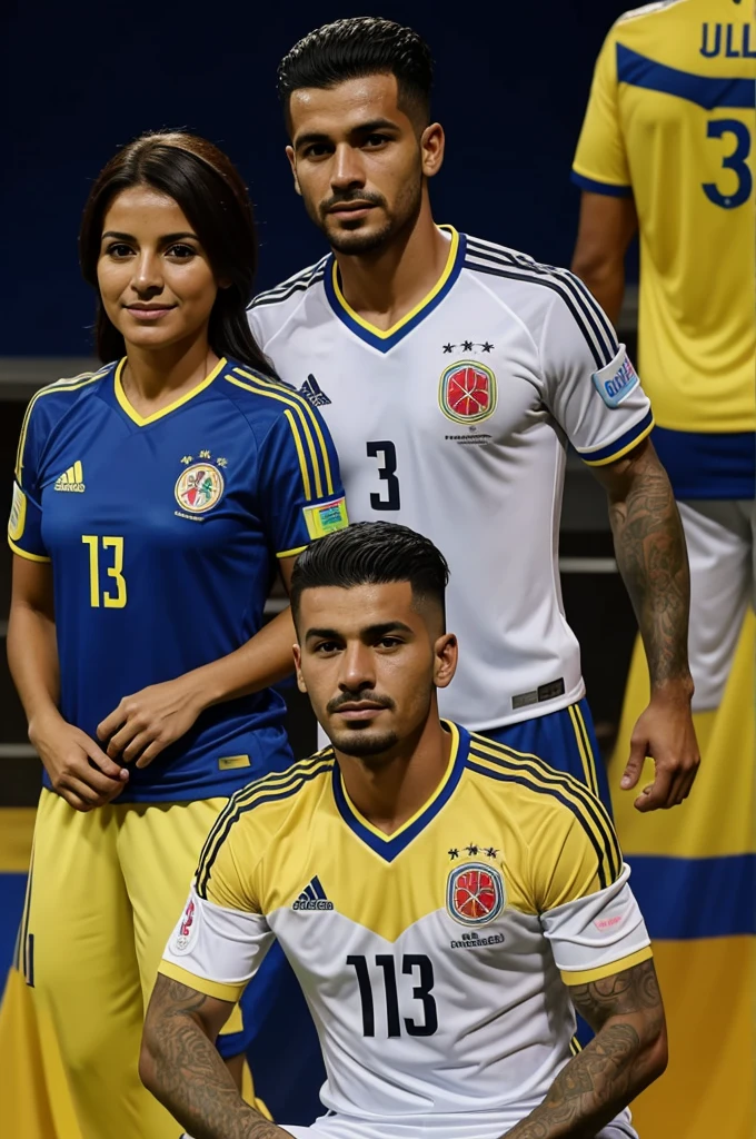 Draw a man with the Colombian national team shirt with the name of Juan number 13 with his alsado  with the Colombian national team shirt number 31 and his wife with the Colombian national team shirt named Elena number 3