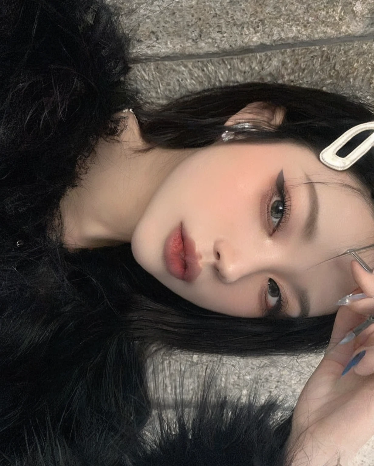 there is a woman with a pair of scissors in her hand, pale snow white skin, ulzzang, clear lips and high quality, cruel korean goth girl, 8k)), goth girl aesthetic, pale goth beauty, beautiful aesthetic face, pale porcelain white skin, black hair and large eyes, aesthetic portrait, with long hair and piercing eyes, beautiful pale makeup