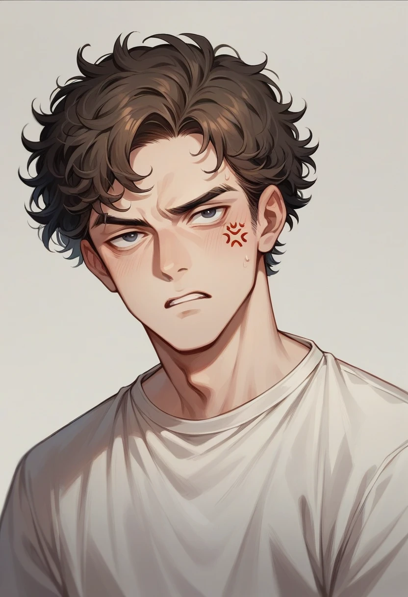 Create a high quality Renaissance image of a young male angel with curly hair flying and with anger and sadness in his eyes