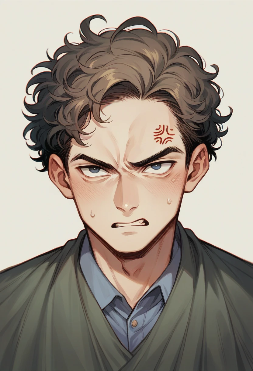 Create a high quality Renaissance image of a young male angel with curly hair flying and with anger and sadness in his eyes