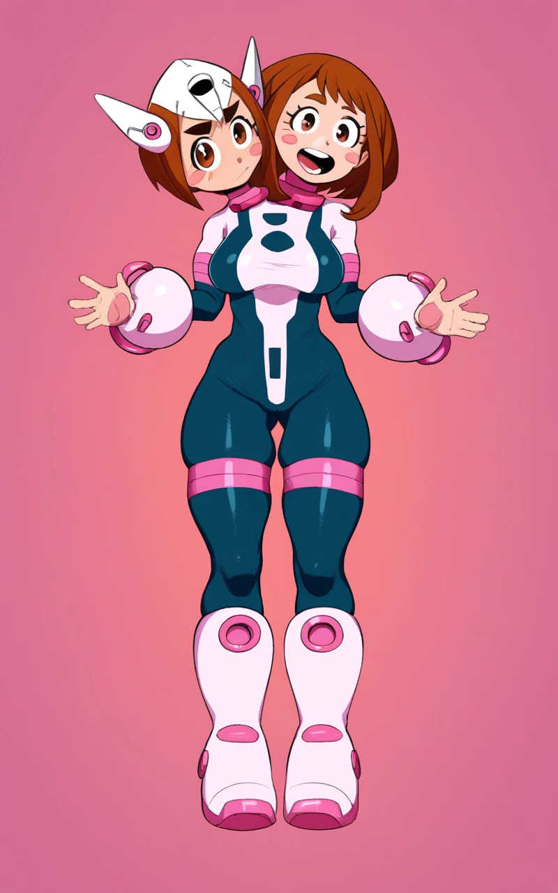 1girl, two heads, conjoined, solo, Uraraka Ochako, thick_eyebrows blush_stickers, brown_hair, brown_eyes, short_hair, sideburns, shiny hair, medium breasts, skindentation +++ :D  +++ OchaCos, bodysuit, fingertip paw pad, white high-heels boots, arms wear, black tights, headgear  Spirit Realm, score_9, score_8_up, source_anime