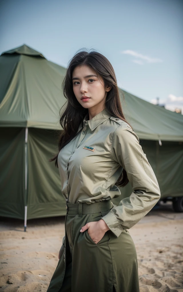 8K, best quality, Extremely detailed:1.37), Aliana, 18 years old, A beautiful Asian girl, Wearing the uniform with pride, Representing her role as a soldier. She was wearing a fitted olive green dress. High-resolution images capture ultra-detailed realism, highlighting Aliana's determined expression, Sharp eyes, and a confident attitude. The background shows a tent military base, Adds authenticity and meaning to the image. This visually striking representation showcases Aliana's strength and dedication as a soldier.