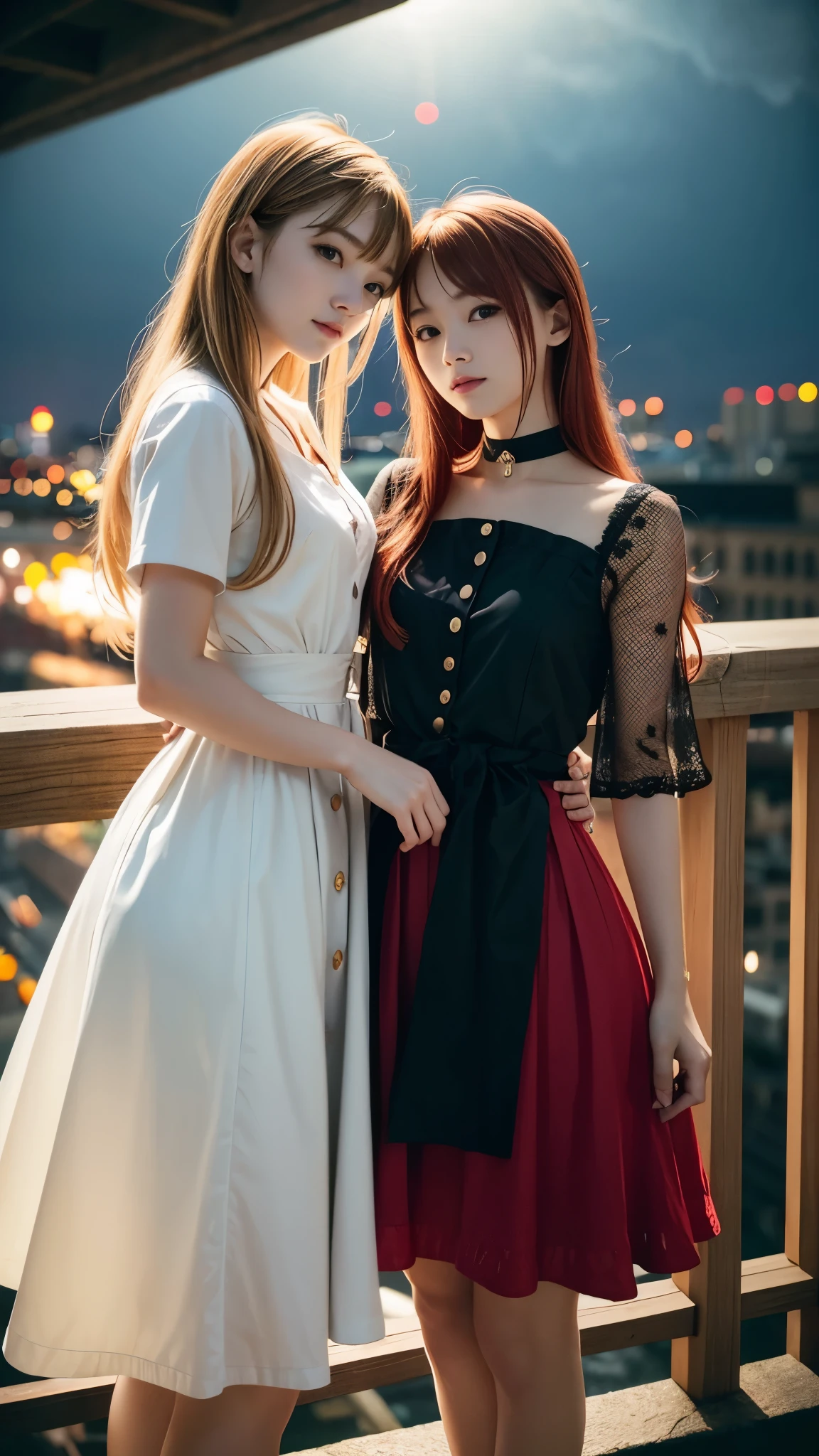 (Natural strawberry blonde and redhead girls with pretty faces), Cute pose, wearing a button dress, Atmospheric, Dark atmosphere, Edge lighting, Sayaka Yamamoto, Saito Asuka, Mao Akiyama's facial features, 8K, Full 体 portrait, Elegant outfit, Natural light, Spooky greenhouse at night, Sharp focus, (Highly detailed eyes and face:1.2, Professional photography techniques), (Beautiful small face, beautiful girl, high school student, Idol Face, Baby Face:1.4), smile, Happy, K UHD, Beautiful and soft skin, Vibrant Skin, blush, (Chirarizum:1.3, Unbutton the dress:1.5), ((Beautiful breasts:1.3, Cleavage)), (Small beautiful butt), (Detailed hands:1.2, The optimal ratio is four fingers to one thumb), Perfect proportions, (Perfect Anatomy:1.3), (Highest quality, Masterpiece, Highest quality, Ultra high definition, Photorealism:1.4), ((Kiss on the lips:1.4)), (Beautiful hair blowing in the wind:1.4)