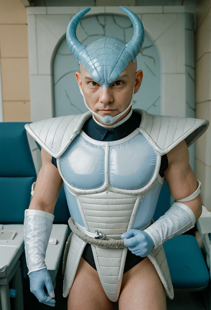 bright reflective eyes, slender and dignified bald reptilian alien peach shaped head, slit horns, small ears, fish moustache, white gloves, white sayajin armor, blue skin, (lizard skin: 1.2), futuristic armor, (council chamber : 1.3), cinematic film still from blade runner | the expansion | fifth Element  