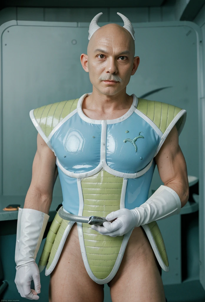 bright reflective eyes, slender and dignified bald reptilian alien peach shaped head, slit horns, small ears, fish moustache, white gloves, white sayajin armor, blue skin, (lizard skin: 1.2), futuristic armor, (council chamber : 1.3), cinematic film still from blade runner | the expansion | fifth Element