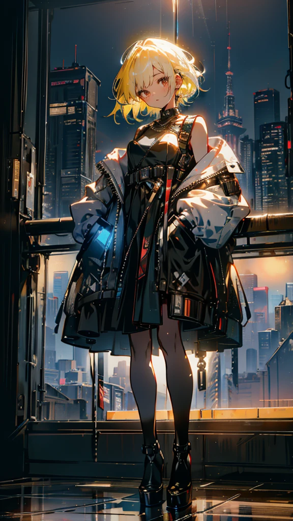 1 girl, short yellow hair, cyberpunk, Alice in Wonderland, black high heels, hand in pocket, best quality, 4k, 8k, highres, masterpiece:1.2, ultra-detailed, realistic, photorealistic, photo-realistic:1.37, HDR, UHD, studio lighting, ultra-fine painting, sharp focus, physically-based rendering, extreme detail description, professional, vivid colors, bokeh, concept art