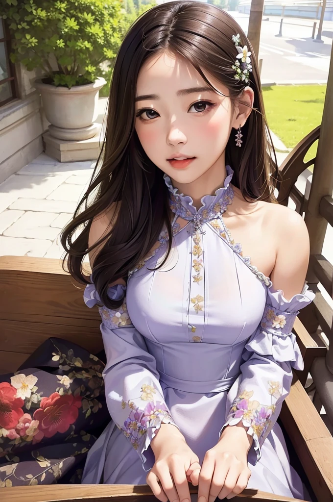(masterpiece),(best quality:1.0), (ultra highres:1.0), detailed illustration, portrait, detailed, girls, detailed frilled clothes, detailed beautiful skin, face focus, in street, spring, flowers in  balcony,