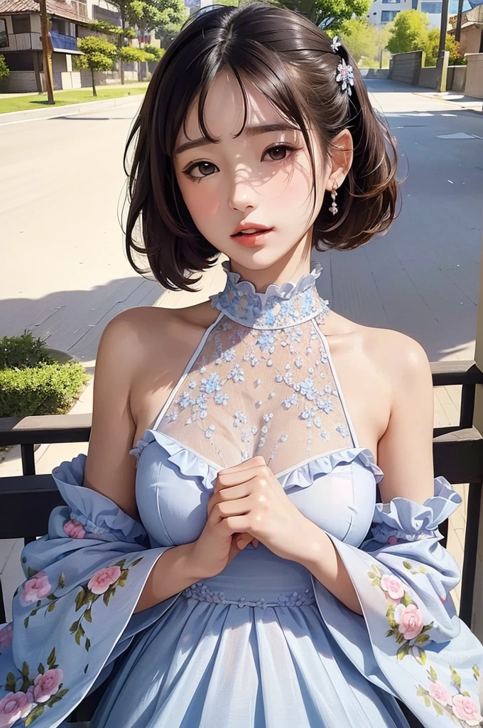 (masterpiece),(best quality:1.0), (ultra highres:1.0), detailed illustration, portrait, detailed, girls, detailed frilled clothes, detailed beautiful skin, face focus, in street, spring, flowers in  balcony,