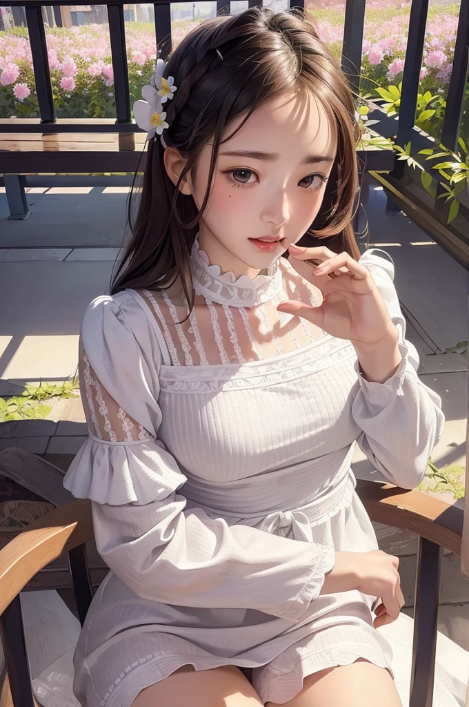 (masterpiece),(best quality:1.0), (ultra highres:1.0), detailed illustration, portrait, detailed, girls, detailed frilled clothes, detailed beautiful skin, face focus, in street, spring, flowers in balcony,