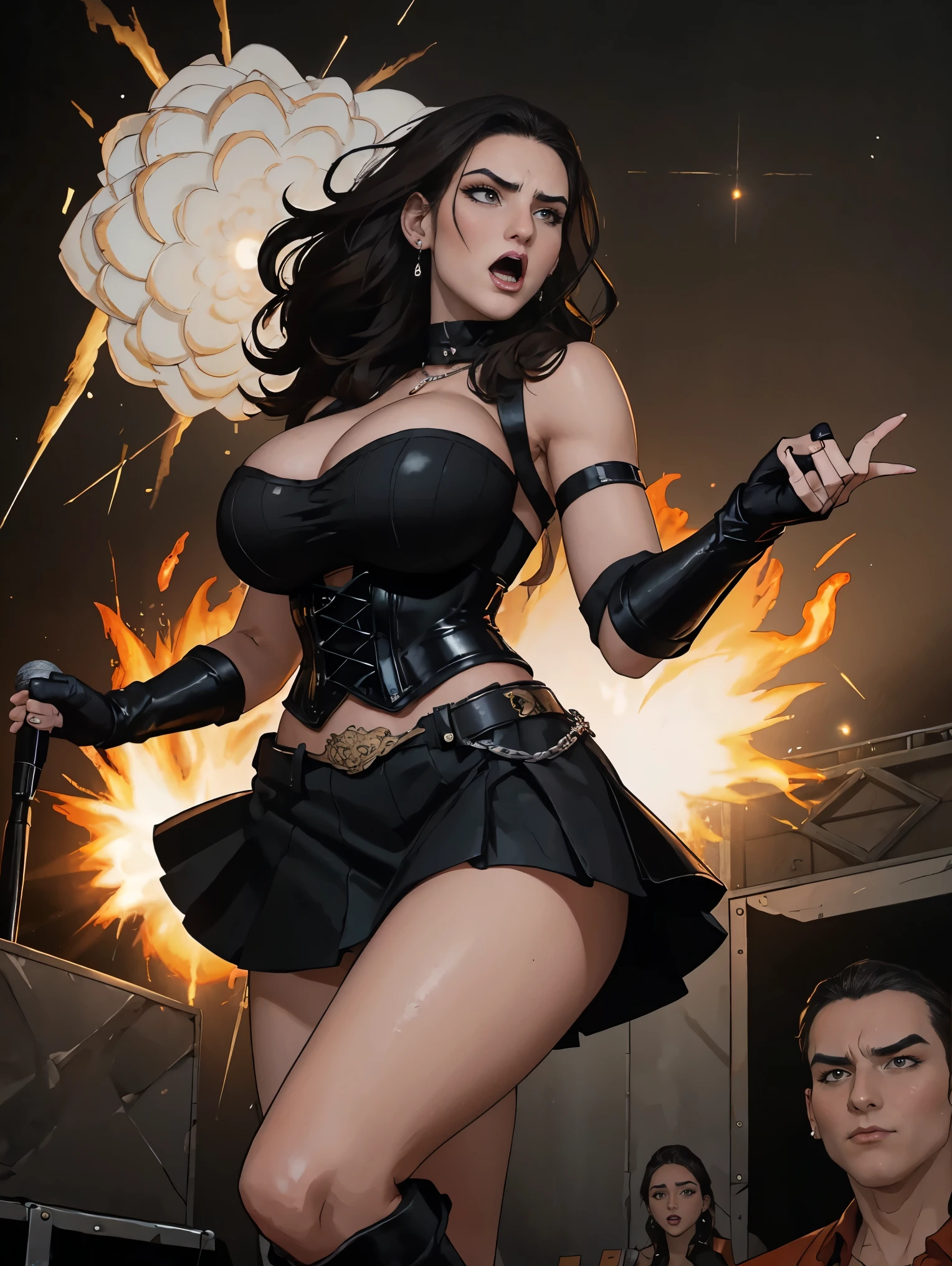 Extremely busty thin and toned brunette death metal singer, college girl, fair skin, big hair, hair pulled back, soft face, athletic, heavy makeup, piercings, black leather, studs, corset, boots, fingerless gloves, tight skirt, chains. standing on a stage, pyrotechnics, holding a microphone, metal concert. (microphone, fist in the sky), angry, rage, screaming. Heavy metal. Death metal. Explosions, fire.