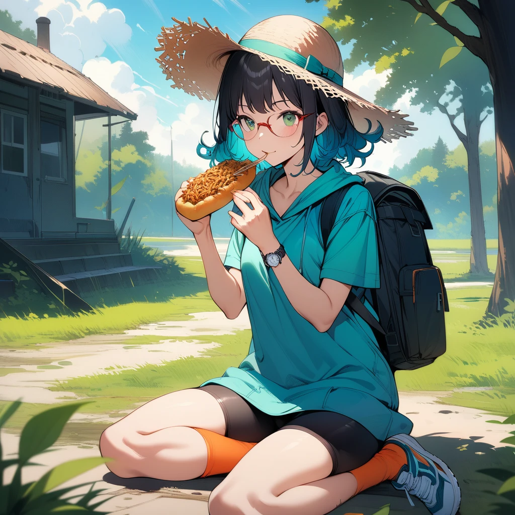 (masterpiece),(best quality),very aesthetic,(ultra-detailed),(super-fine illustration),vibrant colors,high saturation,nsfw,1girl,25yo,slender,tall,medium hair,black hair,natural wave hair,flipped hair,dark green eyes,comfortable,smirk,glasses,(straw hat with leaf color ribbon),glasses,carrying a aqua blue rucksack, (thigh-high parka dress with gradient earth color,black bike shorts),short sleeves,Sneaker Shoes,short orange socks,wristwatch,countryscape,sitting indian style,on grass field,eating yakisoba bread,summer,Abandoned station platform,cowboy shot,looking away