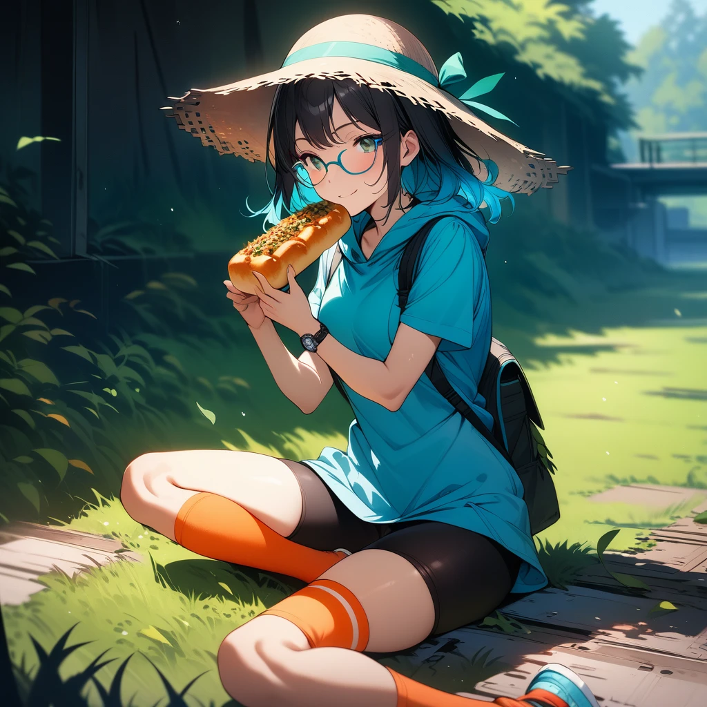 (masterpiece),(best quality),very aesthetic,(ultra-detailed),(super-fine illustration),vibrant colors,high saturation,nsfw,1girl,25yo,slender,tall,medium hair,black hair,natural wave hair,flipped hair,dark green eyes,comfortable,smirk,glasses,(straw hat with leaf color ribbon),glasses,carrying a aqua blue rucksack, (thigh-high parka dress with gradient earth color,black bike shorts),short sleeves,Sneaker Shoes,short orange socks,wristwatch,countryscape,sitting indian style,on grass field,eating yakisoba bread,summer,Abandoned station platform,cowboy shot,looking away