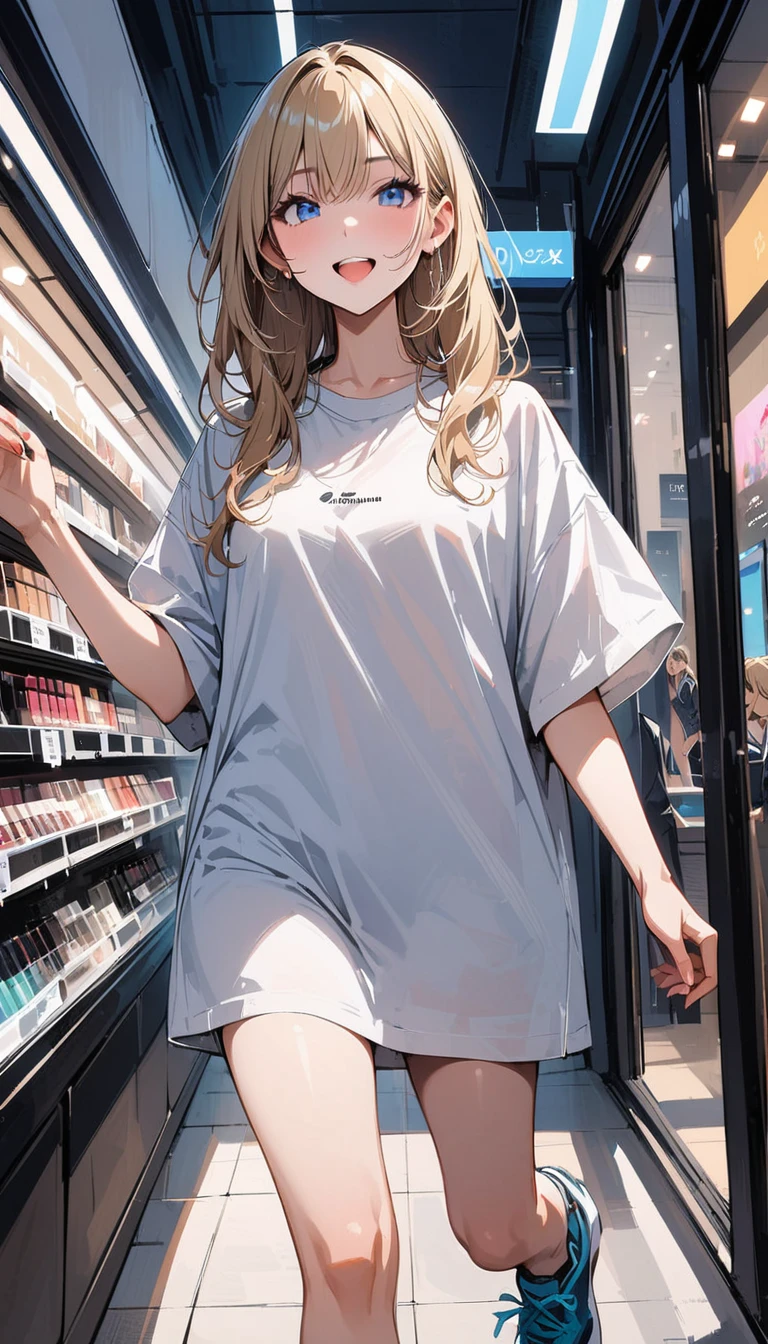 (masterpiece, best quality:1.2), very beautiful girl, blond hair, alone, downtown Tokyo, In front of a cosmetics store, happy expression, blue eyes, Accurate face, Big shirt, running shoes,