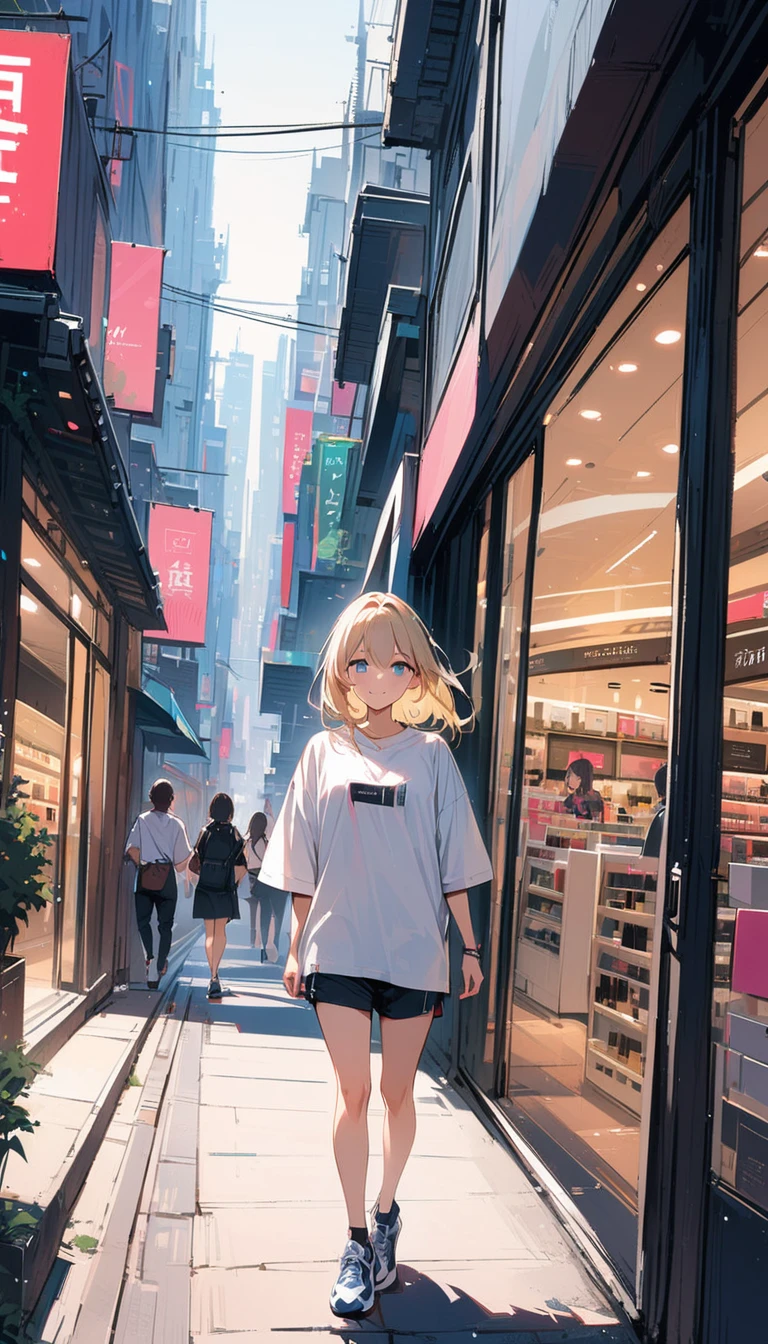 (masterpiece, best quality:1.2), very beautiful girl, blond hair, alone, downtown Tokyo, In front of a cosmetics store, happy expression, blue eyes, Accurate face, Big shirt, running shoes,