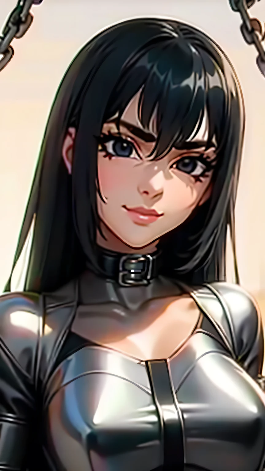 black hair, longeyelashes, solid circle eyes, light smile, ccurate, straitjacket, chains, collar, beautiful face, ultra high resnatural light, shiny skin, detailed skin, detailed face, beautiful lady, Surrealism, drop shadow, pov, atmospheric perspective, 8k, super detail, best quality, best quality