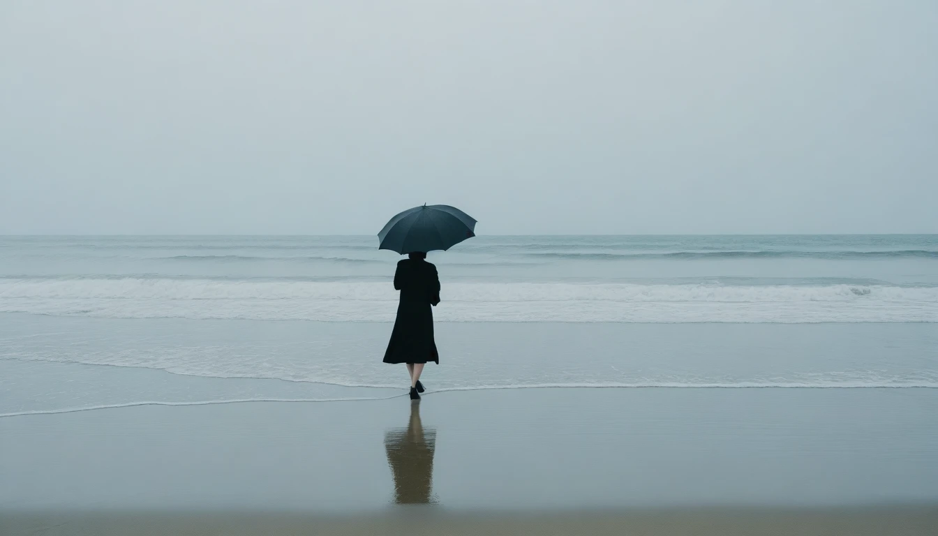 8K, Vivid picture quality, desolate long beach, A short-haired woman walking from afar, 안개낀 ocean, alone, afternoon, depressed, tide가 밀려온다, ocean, tide, black umbrella , wind, short korean woman, 잔잔한 tide