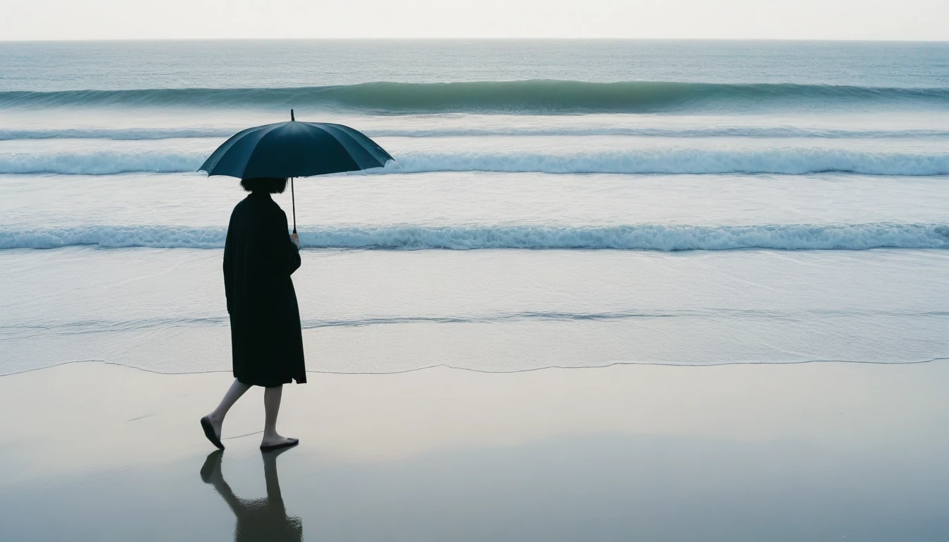 8K, Vivid picture quality, desolate long beach, A short-haired woman walking from afar, 안개낀 ocean, alone, afternoon, depressed, tide가 밀려온다, ocean, tide, black umbrella , wind, short korean woman, 잔잔한 tide