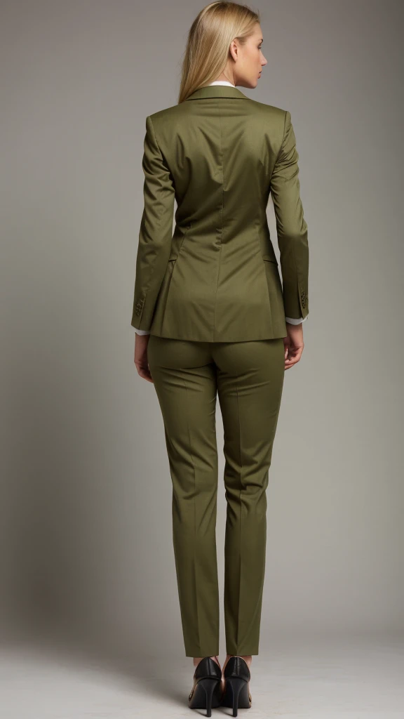 ((back view)), tall blonde, olive green business pants, heels, show heels
