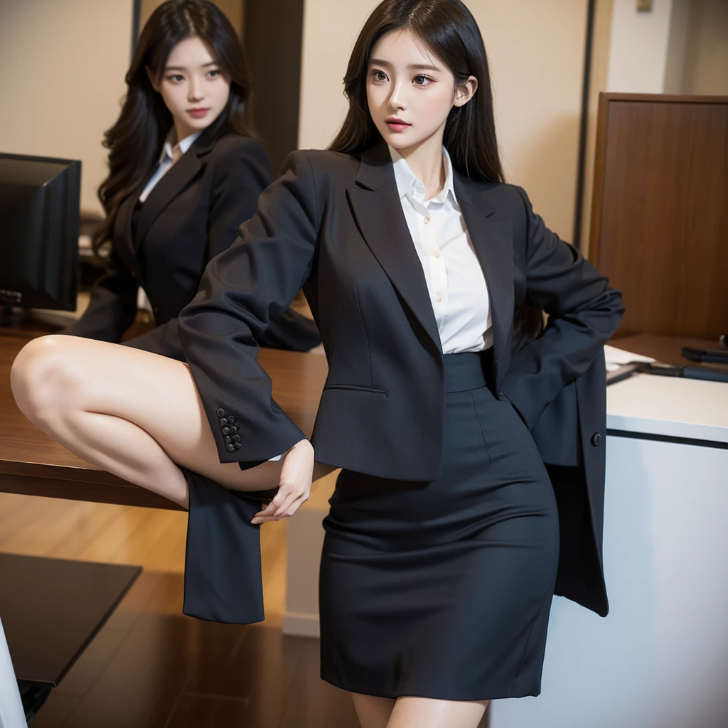 Beauty、BeautyOL、Detailed face、Realistic、beautiful girl、Beauty、Office Lady Uniform、beauty、Beautiful woman、Narrow waist、Handsome woman、Tight skirt look、suit、Sexy pose、Tight mini skirt