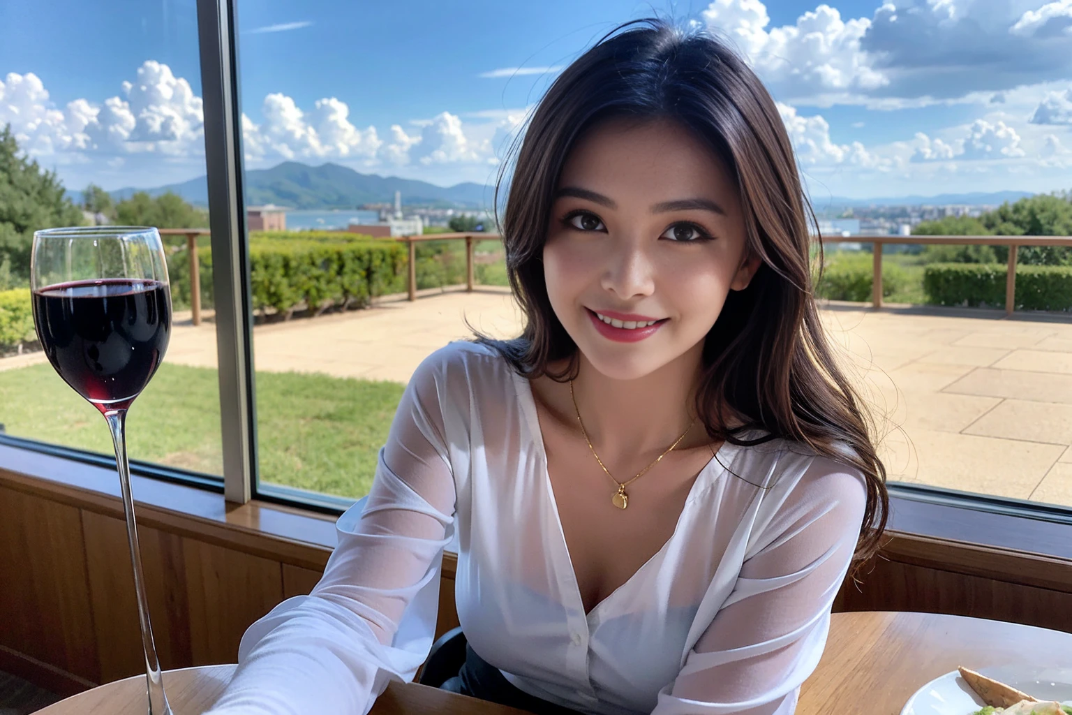 ((Highest quality、8K、masterpiece:1.3))、Shortcuts、cute、slimカップル、modelカップル、actress男優、(Realistic, Intricate details:1.2), full-course dinner、Wine Party、Amazing view of the sunset sky and clouds、A bright smile、short hair,Bright Face、45 years old), 42 years old, red wine 、Appetizers、Italian food、Wine bottle、Champagne、sparkling wine、Two beauties、Brown Hair、Shortcuts、Long sleeve shirt、dress、Beautiful woman 1, (slimな顔), (The body is slim), (Brown Hair), (Shortcuts), cheeks turn a little red,Attractive beauty、restaurant, In a prominent place (From the waist up) Nova Frog Style, actress, model, Upper Body, White wine, slim, wine glass, 中央に置かれたwine glass, smile, (smile: 1.15), Beautiful fine grain, Depth f/2,saturation, High Contrast, Strong light and shadow,Moist Body:1.5、3D texture、Delicate eyes、Brown Hair、The hair is very shiny、