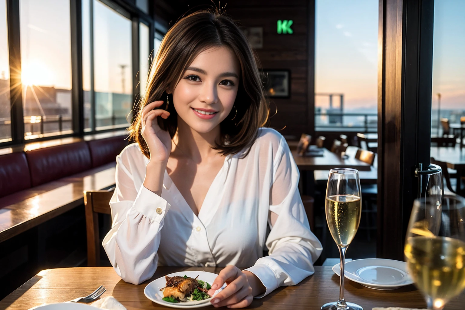 ((Highest quality、8K、masterpiece:1.3))、Shortcuts、cute、slimカップル、modelカップル、actress男優、(Realistic, Intricate details:1.2), full-course dinner、Wine Party、Amazing view of the sunset sky and clouds、A bright smile、short hair,Bright Face、45 years old), 42 years old, red wine 、Appetizers、Italian food、Wine bottle、Champagne、sparkling wine、Two beauties、Brown Hair、Shortcuts、Long sleeve shirt、dress、Beautiful woman 1, (slimな顔), (The body is slim), (Brown Hair), (Shortcuts), cheeks turn a little red,Attractive beauty、restaurant, In a prominent place (From the waist up) Nova Frog Style, actress, model, Upper Body, White wine, slim, wine glass, 中央に置かれたwine glass, smile, (smile: 1.15), Beautiful fine grain, Depth f/2,saturation, High Contrast, Strong light and shadow,Moist Body:1.5、3D texture、Delicate eyes、Brown Hair、The hair is very shiny、