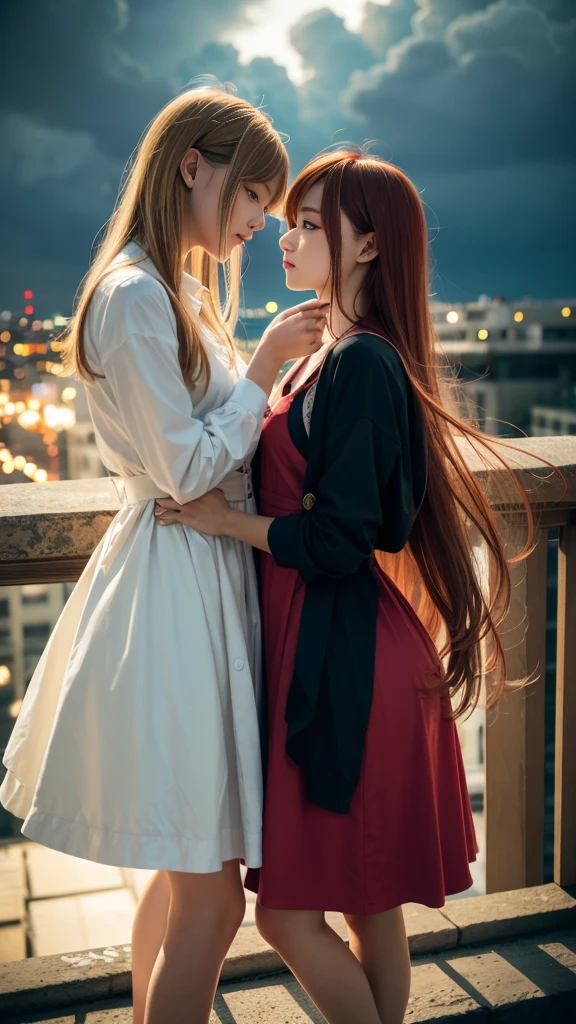 (Natural strawberry blonde and redhead girls with pretty faces), Cute pose, wearing a button dress, Atmospheric, Dark atmosphere, Edge lighting, Sayaka Yamamoto, Saito Asuka, Mao Akiyama's facial features, 8K, Full 体 portrait, Elegant outfit, Natural light, Spooky greenhouse at night, Sharp focus, (Highly detailed eyes and face:1.2, Professional photography techniques), (Beautiful small face, beautiful girl, high , Idol Face, Baby Face:1.4)Happy, K UHD, Beautiful and soft skin, Vibrant Skin, blush, (Chirarizum:1.3, Unbutton the dress:1.5), ((Beautiful breasts:1.3, Cleavage)), (Small beautiful butt), (Detailed hands:1.2, The optimal ratio is four fingers to one thumb), Perfect proportions, (Perfect Anatomy:1.3), (Highest quality, Masterpiece, Highest quality, Ultra high definition, Photorealism:1.4), ((Kiss on the lips:1.4)), (Beautiful hair blowing in the wind:1.4)