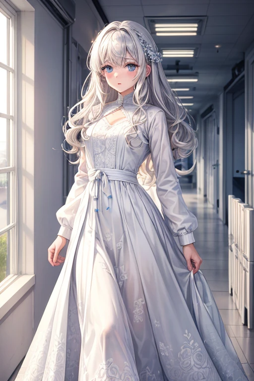 One Woman Man,Silver Hair,Medium Hair,Curly Hair,Blue Eyes,White long dress_Floral,White long skirt_Floral,Wearing a white coat,Wearing a white coat,Health Room,blush,Small ,,clear,,flat chest