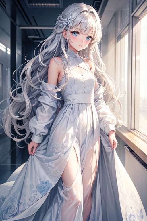 One Woman Man,Silver Hair,short hair,Curly Hair,Blue Eyes,White long dress_Floral,White long skirt_Floral,Wearing a white coat,Health Room,blush,Small ,,clear