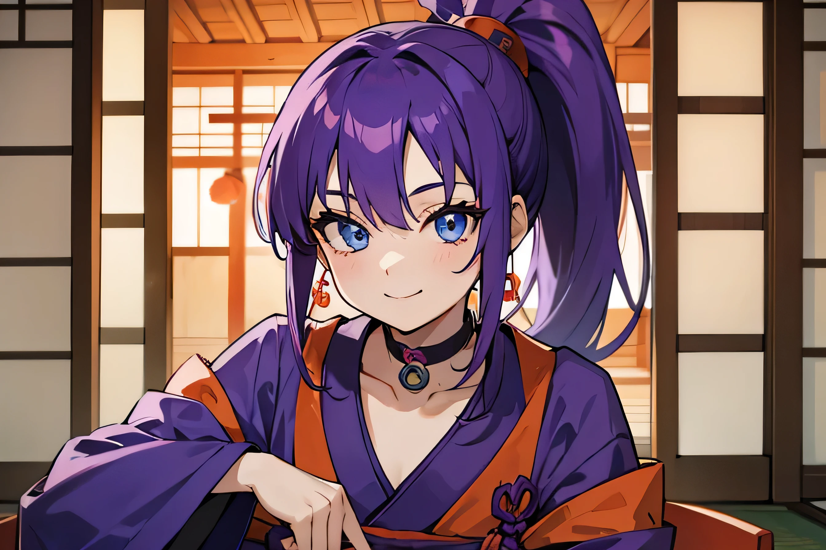 Purple Hair、Blue Eyes、Red and purple ninja outfit、Orange choker around the neck、Woman in Charge、ponytail、smile、Old Japanese house indoor background