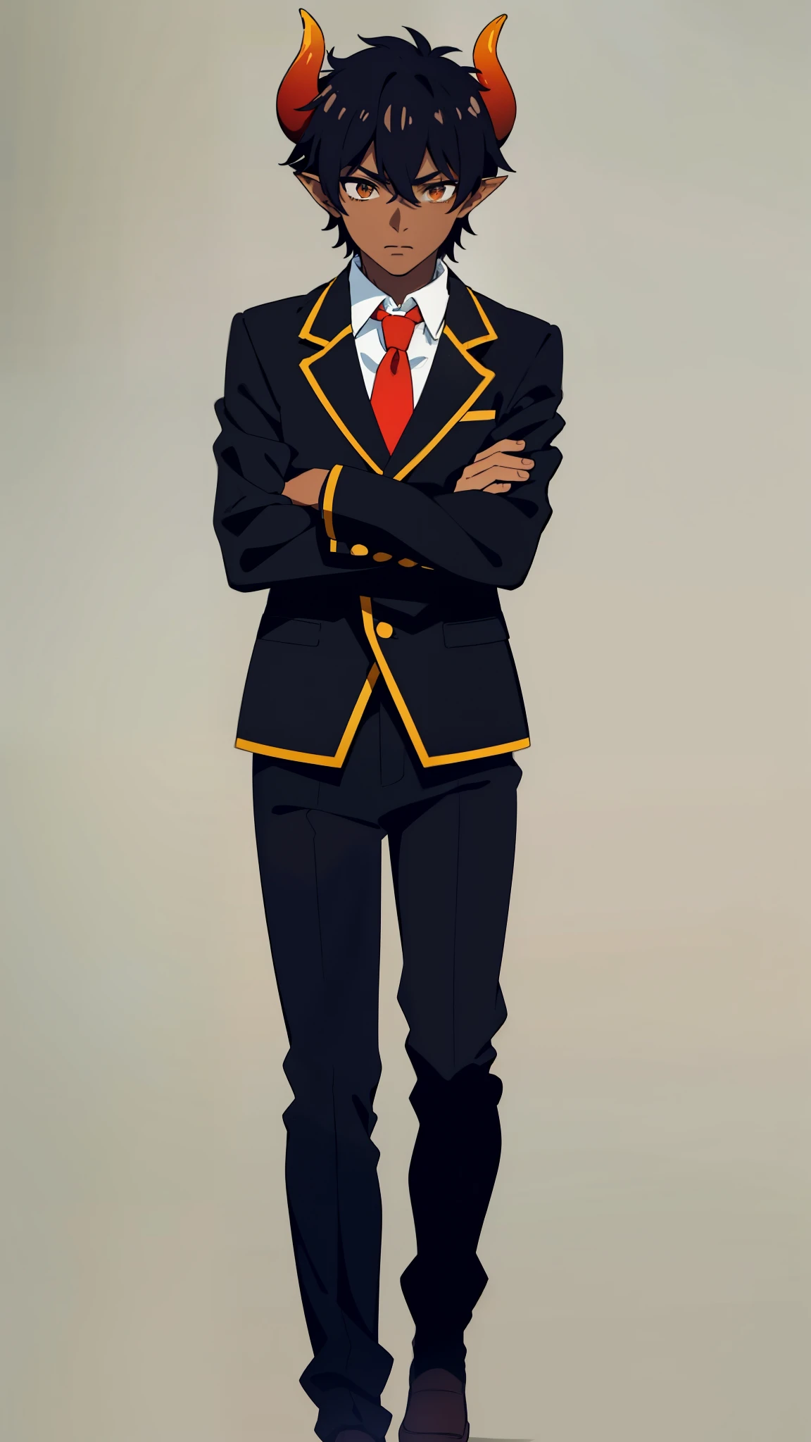 (1boy,18 years old,,solo),((dark skin)),short hair,hair between eyes,black hair,elf ears,(horns),orange eyes,(no background, simple background),red necktie,black jacket, blazer,long sleeves,pants,upper body,walking,crossed arms