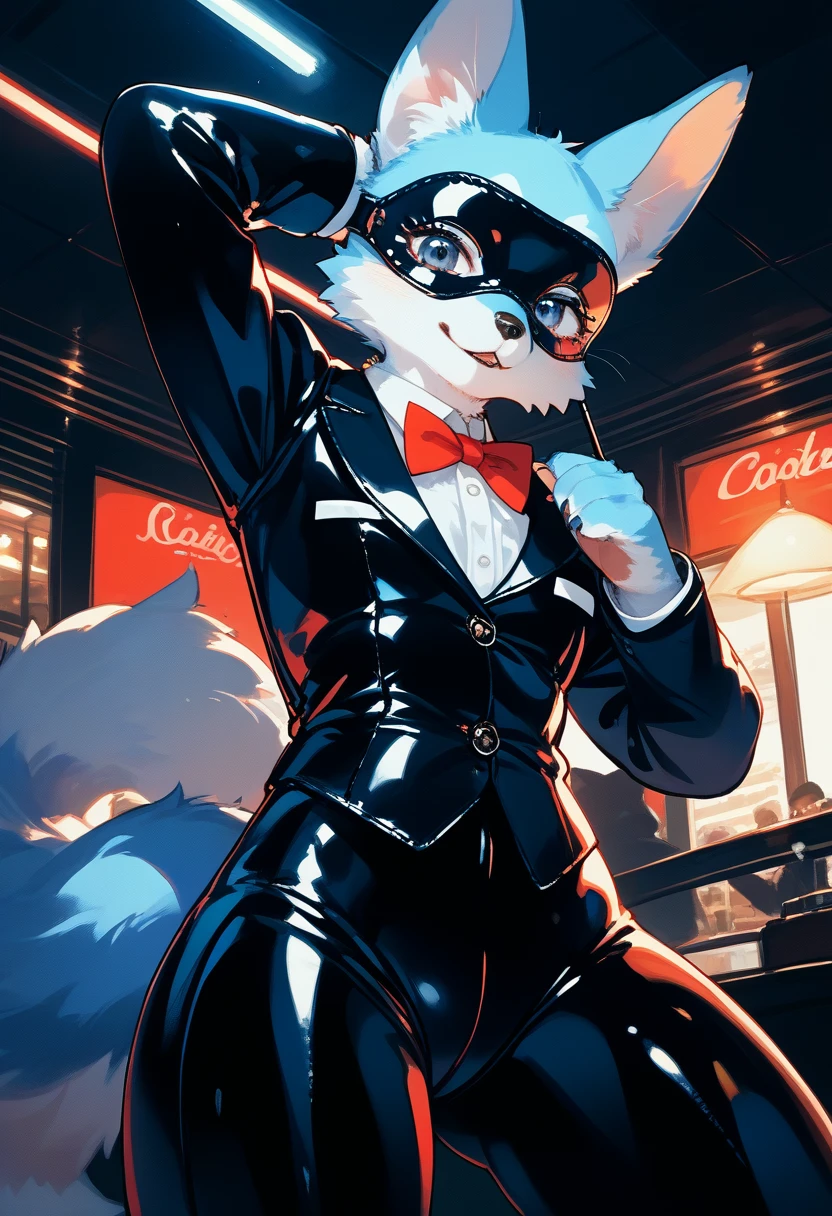 Highest quality, Highest quality, High quality illustrations, masterpiece, Ultra-high resolution, Detailed Background, Cabaret Club, Absurd, Perfect Anatomy, performance, Good lighting, Shadows in the movies(kemono, Furry Personifi猫ion), Rubber suit, latex, Tuxedo, Rubber Half Mask