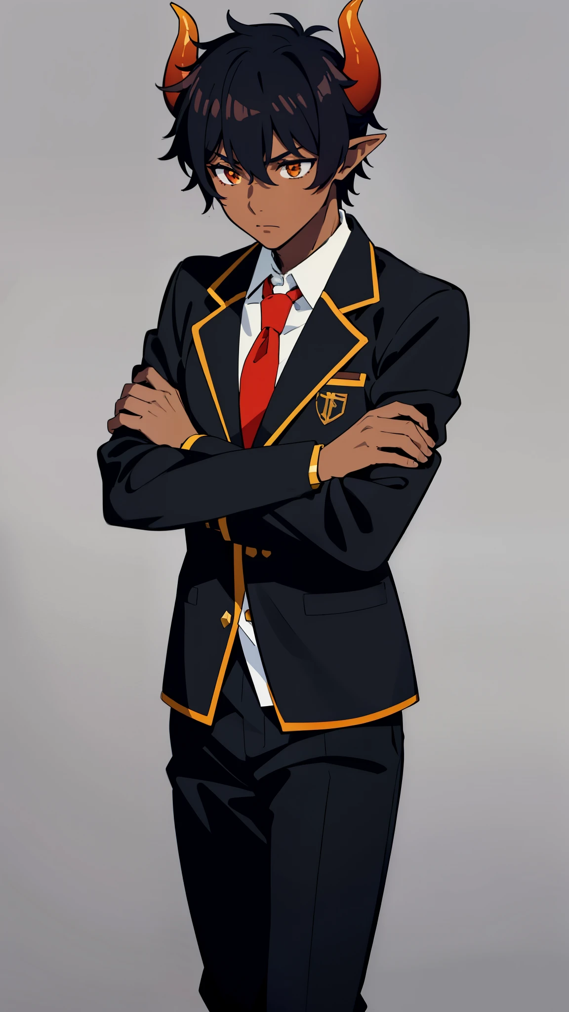 (1boy,18 years old,teen,solo),((dark skin)),short hair,hair between eyes,black hair,elf ears,(horns),orange eyes,(no background, simple background),red necktie,black jacket, blazer,long sleeves,pants,upper body,walking,crossed arms