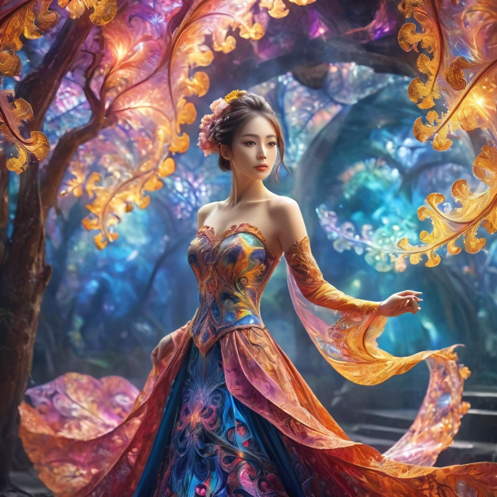 On a background decorated with fractal elements、Beautiful woman wearing fractal-style clothing, Creates an atmosphere of mystery and enchantment. The intricate fractal patterns in her clothing、It blends in with the fascinating fractal decoration of the background.。, Creates an enchanting and magical atmosphere. The fusion of fractal elements、Adds complexity and charm to the scene。, Highlight the overall beauty and mystery that surrounds a woman. This visually fascinating image、Evokes a sense of wonder and fascination, Draw your audience into a world of intricate patterns and mysterious charm