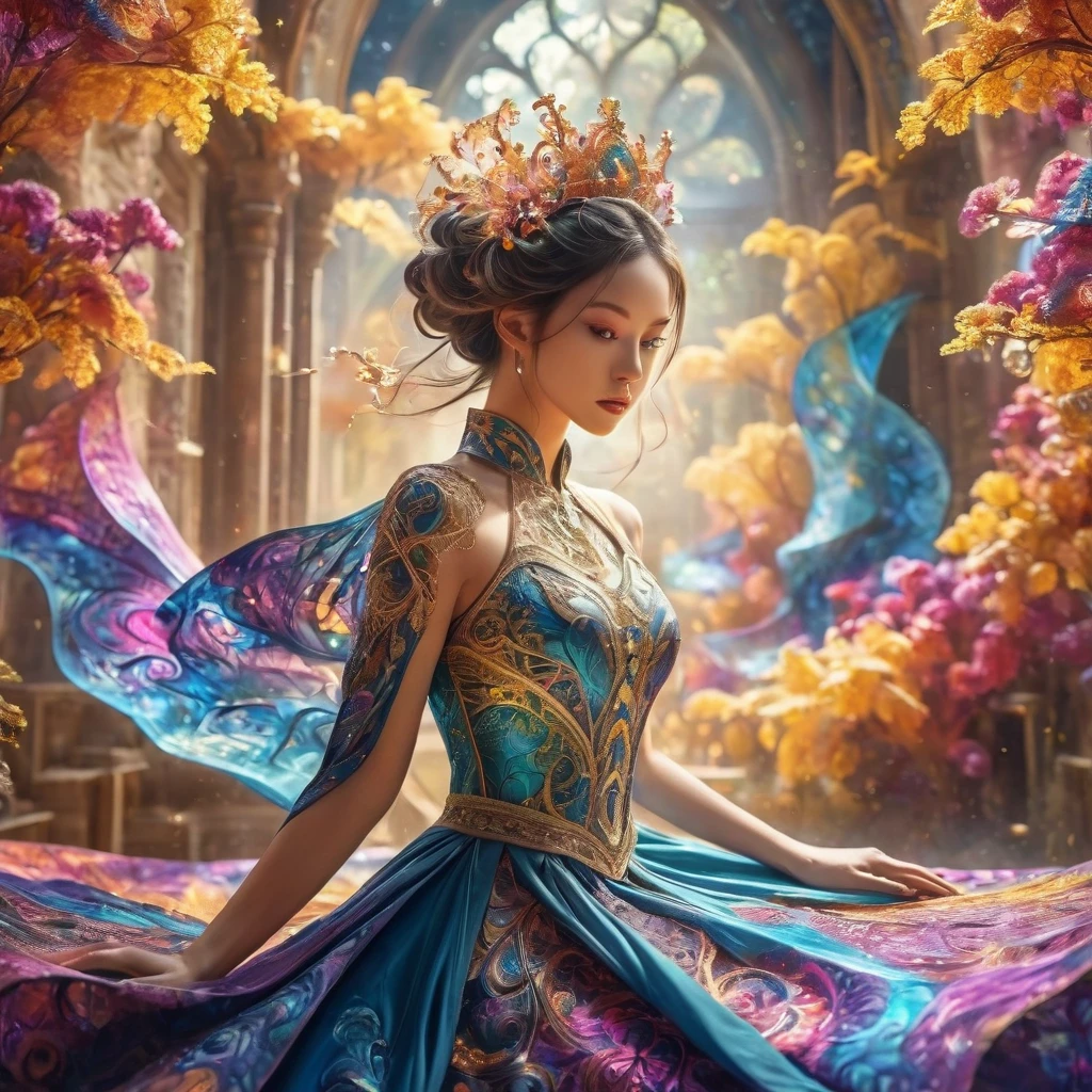 On a background decorated with fractal elements、Beautiful woman wearing fractal-style clothing, Creates an atmosphere of mystery and enchantment. The intricate fractal patterns in her clothing、It blends in with the fascinating fractal decoration of the background.。, Creates an enchanting and magical atmosphere. The fusion of fractal elements、Adds complexity and charm to the scene。, Highlight the overall beauty and mystery that surrounds a woman. This visually fascinating image、Evokes a sense of wonder and fascination, Draw your audience into a world of intricate patterns and mysterious charm