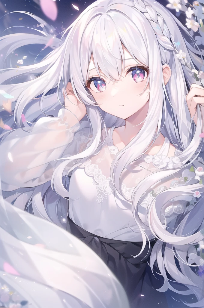 ((masterpiece, best quality))++, Detailed lighting+, Detailed hair+, Detail hand+ ,1 girl, Miss, Long hair, Crimson eyes, beautiful eyes, young white hair,,(Beautiful white hair:1.5),(Beautiful and delicate eyes), high resolution+,glass tint, Reflective eyes, {{angle}} , Very detailed wallpaper, The original, Air bangs,Extremely beautiful CG,black worksuit,Firefly,Galaxy,Shattered like a mirror