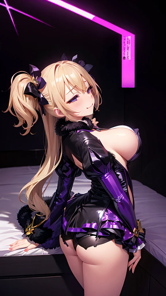 Erotic、Blonde twin tails、Purple sequin long dress leggings、Pink line、Evil female executive、sexy、Erotic Sneer、tall、adult、lure、Alluring、Voluptuous ass、Pitch black background、Dark bedroom at night、White open fur coat jacket