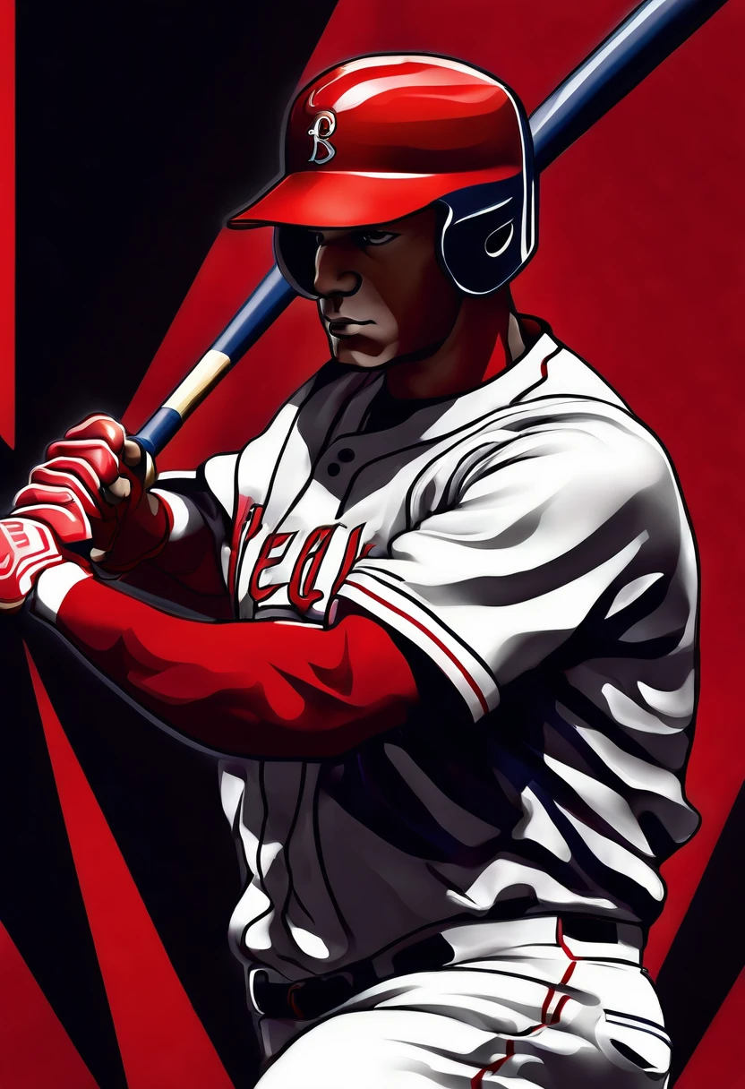 a baseball player, linear art, colores, rojo negro y blanco:1.5, detailed line art, intricate lines, dynamic baseball player, baseball player in motion, realistic sports figure, realistic baseball player, detailed muscle structure, perfect anatomy, seamless integration, impactful composition, dramatic lighting, high contrast, cinematic atmosphere, vivid colors, striking visual impact, masterpiece, best quality, 8k, photorealistic