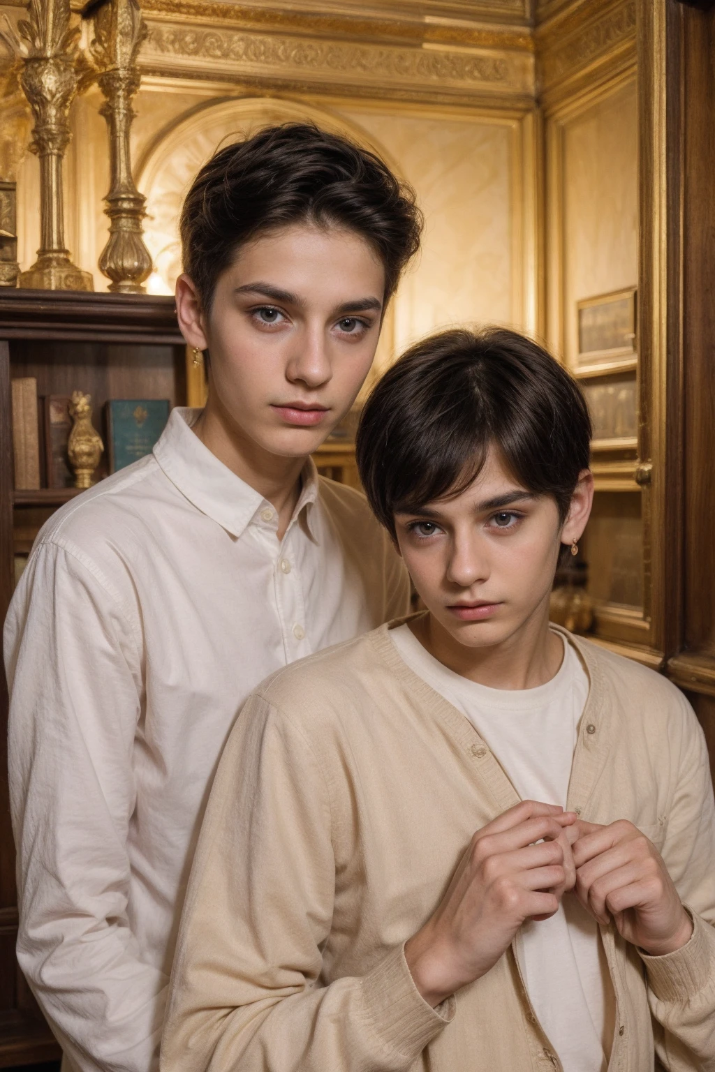 A cute, beautiful twink male with black hair and a face with makeup. He is wearing a white long-sleeved shirt and brown pants. He is in the Antiquities Museum, the golden historical books, and he is looking in amazement.