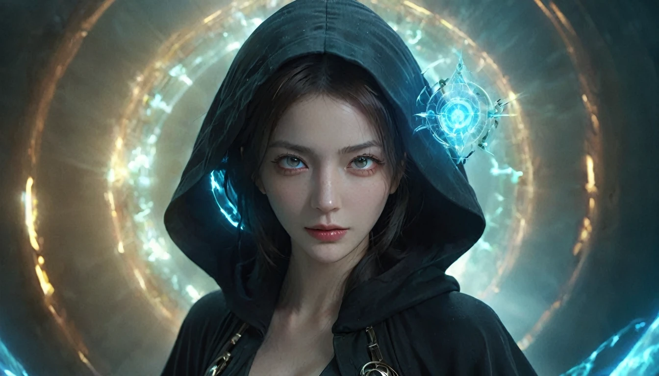 magic circle,magic array,magic circles,magic array,1girl,mecha,black,cloak, (close up), (face close up), cleavage,dark style,ultra wide,octane render masterpiece,beautiful depth of field,ultra wide field,ultra detailed CG perspective,ultra dynamic lighting amazing shadows,cityscape,hell,blue fluorescence,
