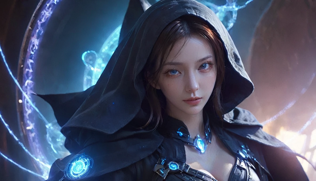 magic circle,magic array,magic circles,magic array,1girl,mecha,black,cloak, (close up), (face close up), cleavage,dark style,ultra wide,octane render masterpiece,beautiful depth of field,ultra wide field,ultra detailed CG perspective,ultra dynamic lighting amazing shadows,cityscape,hell,blue fluorescence,
