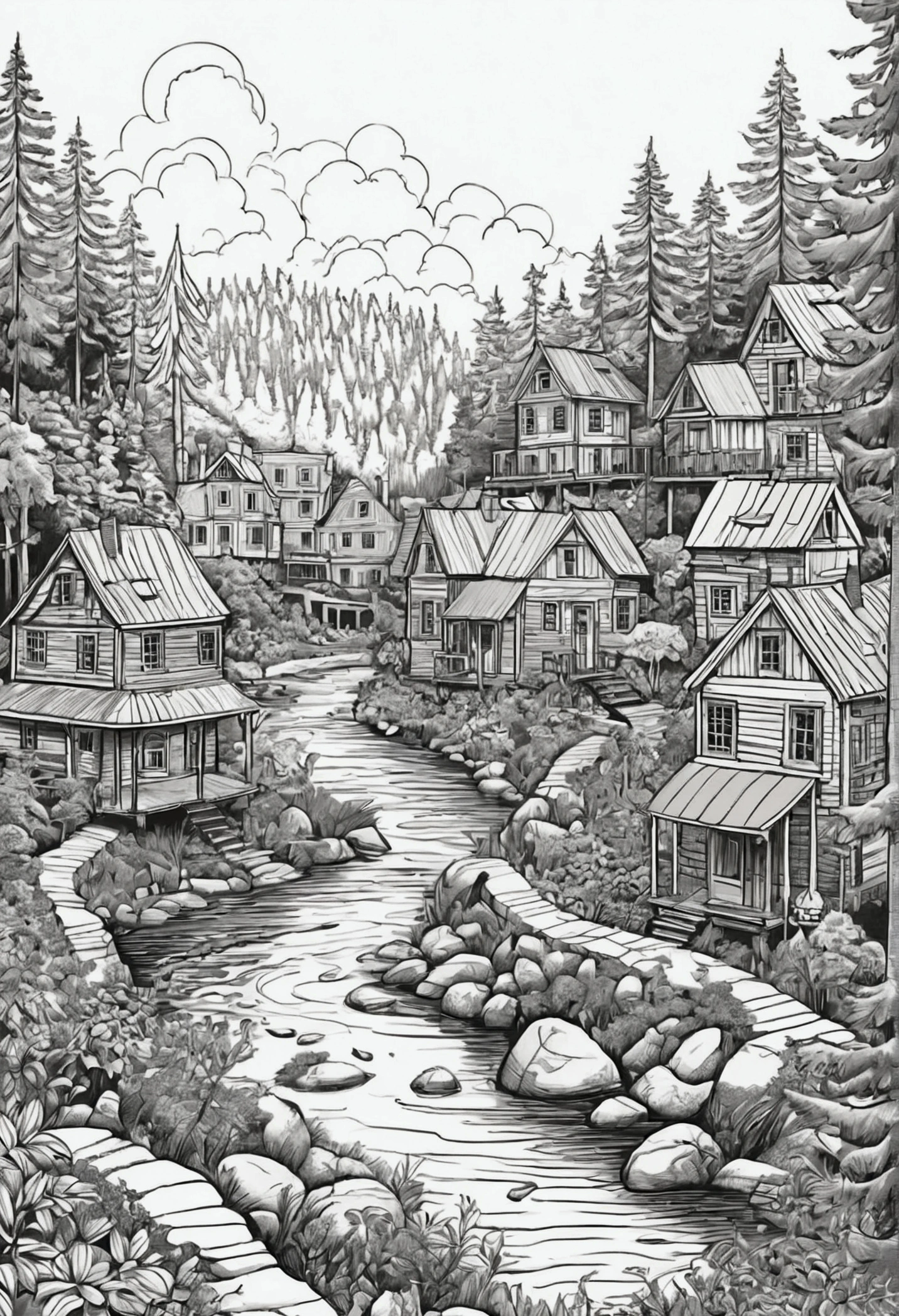 line art drawing of a small town hidden in the forest