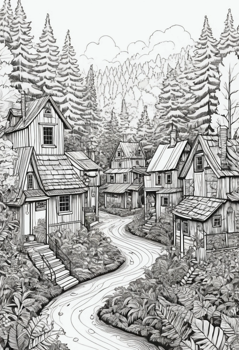 line art drawing of a small town hidden in the forest