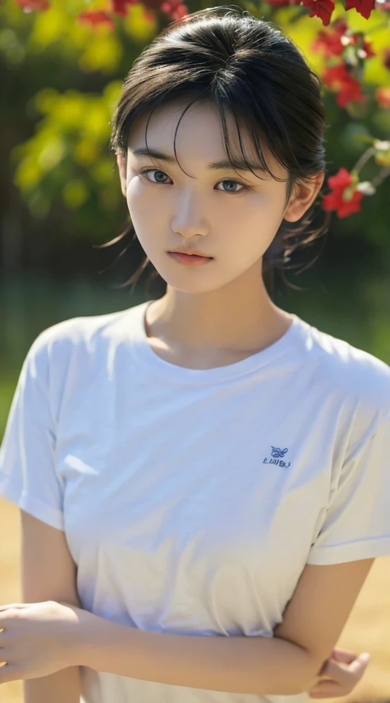 32k, Highest quality, masterpiece, Realistic, Very detailed,  photograph, High resolution, 行photograph, High resolution, Confused, Smoother light, Official Art, Written boundary depth, Bright light,
close, thin, Detailed face, anger, Fine and beautiful eyes, 19 years old Korean, cute, Highest quality real texture skin,
T-Shirts,