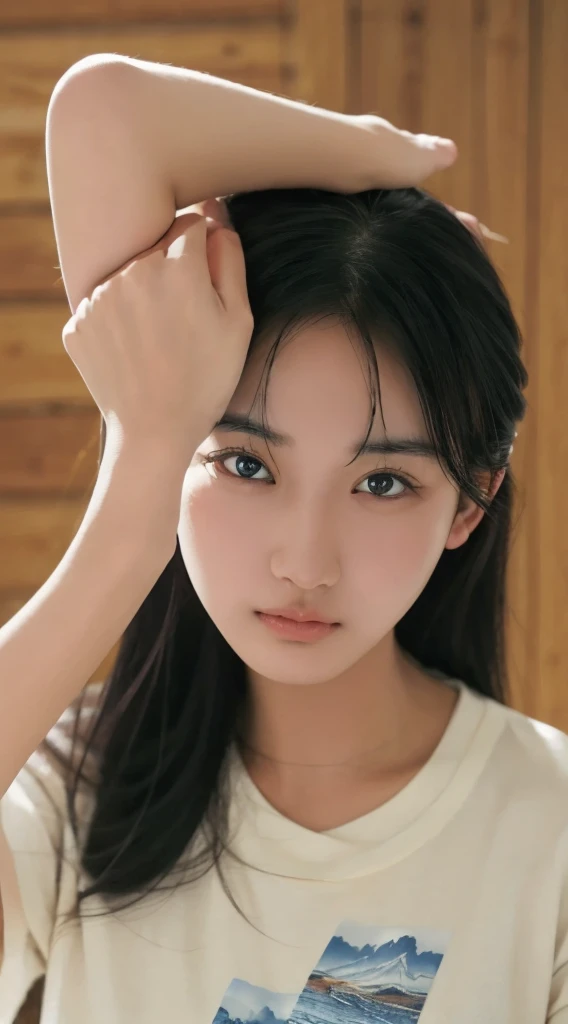 32k, Highest quality, masterpiece, Realistic, Very detailed,  photograph, High resolution, 行photograph, High resolution, Confused, Smoother light, Official Art, Written boundary depth, Bright light,
close, thin, Detailed face, anger, Fine and beautiful eyes, 19 years old Korean, cute, Highest quality real texture skin,
T-Shirts,