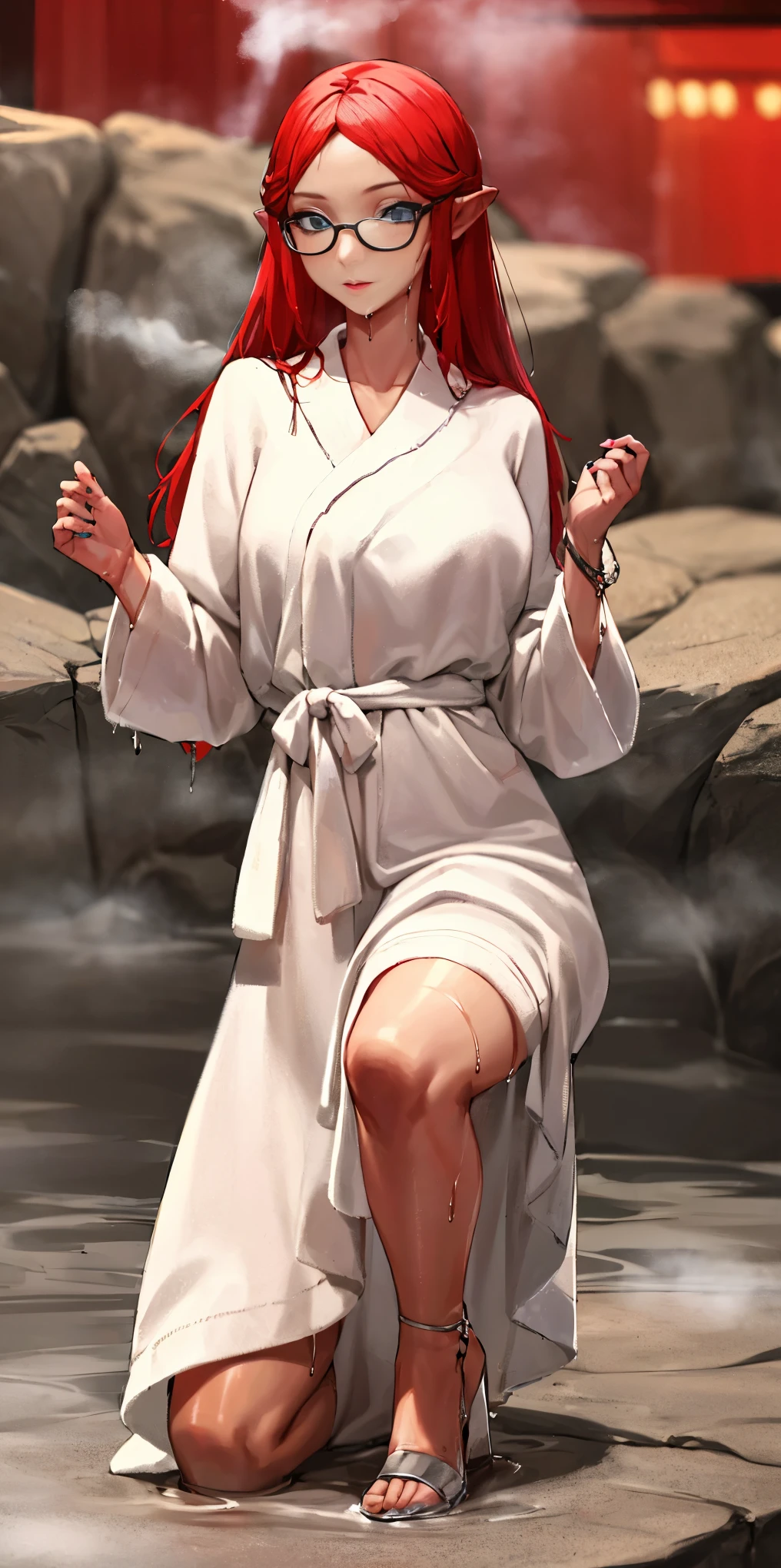 ((best quality)) ((highly detailed)) (detailed eyes, deep eyes) (1girl) (glasses) (masterpiece, absurdres, extremely detailed face, beautiful face) (female with dark skin) straight-on, on one knee, gerudo, long hair, red hair, big nose, medium breasts, purple lips, lipstick, gold jewelry, cyan clothes, gold high heels, outside, at a hot spring, pool (((steam))) rocks (partially submerged) (wading) (wet) naked bathrobe, long sleeves, wet hair, afternoon