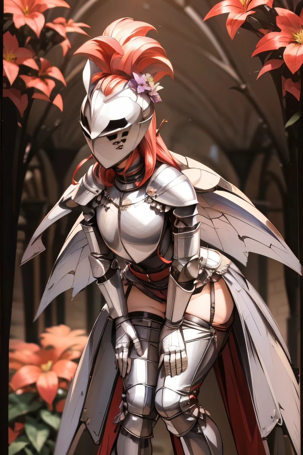 masterpiece, best quality, butterfly wings, full body, (leaning forward, hands on knees), kardiaofrhodes, helmet, plume, gauntlets, thighhighs, breastplate, thighhighs, wide hips, (flowers background:1.2)