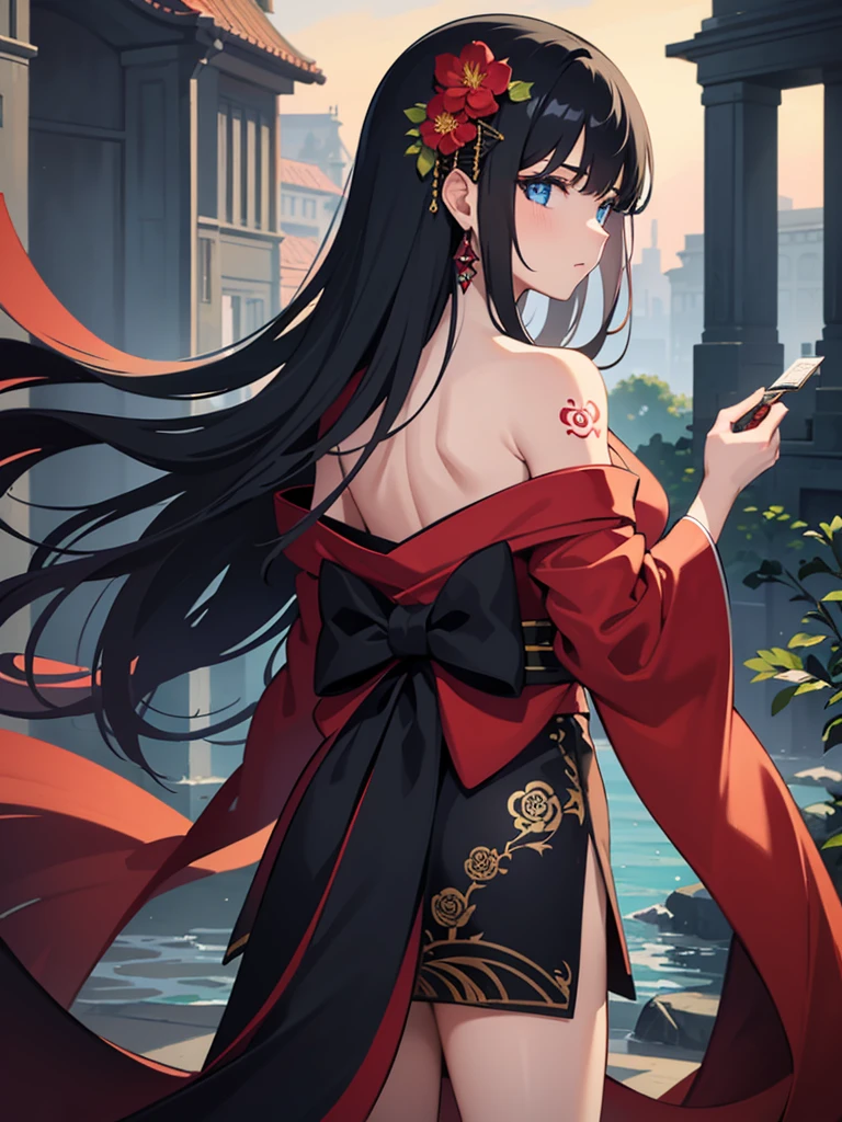 masterpiece, Highest quality, Highest quality, Official Art, beautifully、aesthetic:1.2),One girl, tattoo, alone, kimono, Red and black kimono, hair ornaments, unsheathing, Black Hair, sheath, back tattoo, dragon tattoo, blue eyes, Off the shoulder, Bare shoulders, Recall, From behind, flower, View your viewers, Holding, compensate, Outdoor,