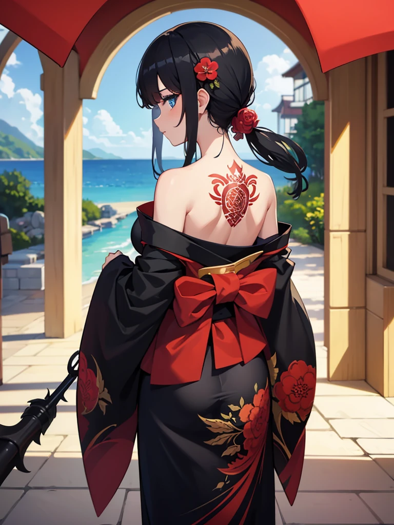 masterpiece, Highest quality, Highest quality, Official Art, beautifully、aesthetic:1.2),One girl, tattoo, alone, kimono, Red and black kimono, hair ornaments, unsheathing, Black Hair, sheath, back tattoo, dragon tattoo, blue eyes, Off the shoulder, Bare shoulders, Recall, From behind, flower, View your viewers, Holding, compensate, Outdoor,