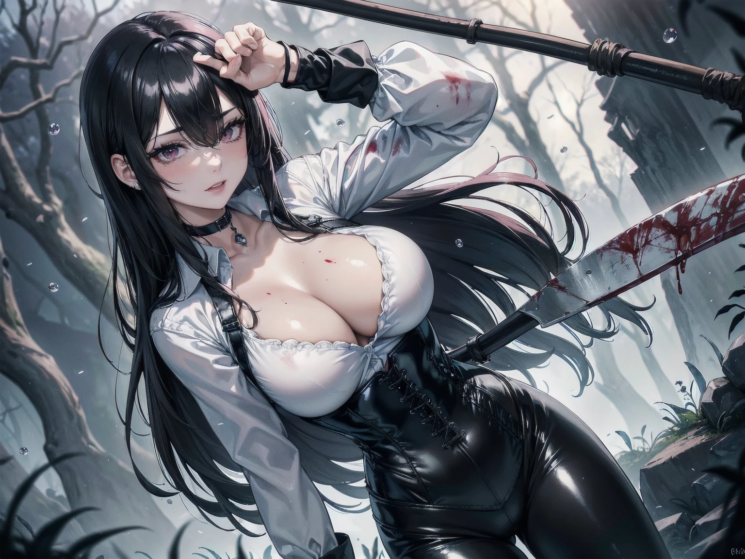 ((blood droplets)), ((blood)), ((blood splatter)), ((blood on clothes)) ((blood stain)), Masterpiece, Superior image quality, high resolution, 4k image,photo and gross, photorealistic, ung man of 15 years, {alone},{{{vagina}}}, big breasts, beautiful face, long black hair, black eyes, very detailed eyes, pink cheeks, shy expression, choker:1.6, (white collar button down long sleeve shirt), black gloves, gloves that cover hands, (holding an ax in the right hand), (black leather corset), (shiny black leggings), Sensual Lips, show details in the eyes, View from the front, looking at the viewer, dark forest path, evening, Atmosphere, fog